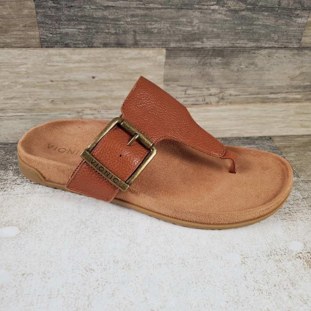 Vionic Emma Women Thong Sandals Sz 8.5 M Tan Pebbled Leather Slip On Comfort